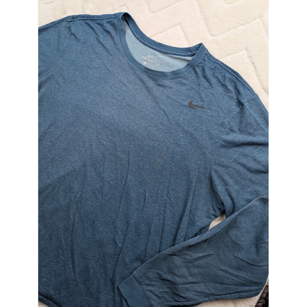 Nike Dri-FIT Long Sleeve Tee Blue Heathered Swoosh Training Shirt Mens XXL